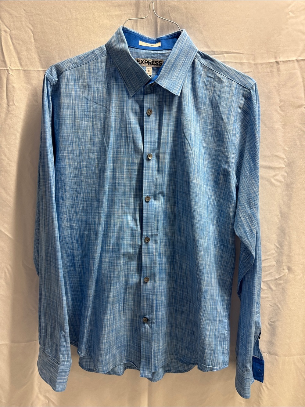 Express Fitted Men's 15 - 15 1/2 Blue Plaid Dress Shirt